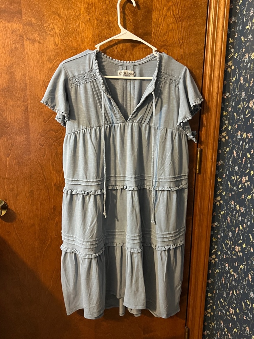 Knox Rose Light Blue Tiered Midi Dress with Pom Trim